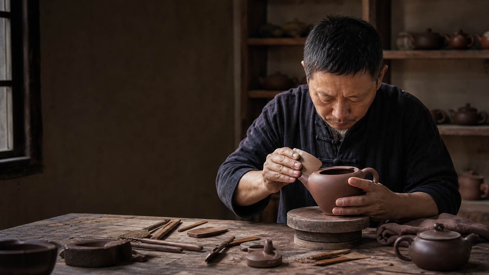 SongYing artisan refining a handmade Yixing teapot